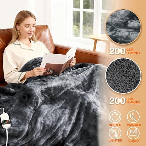 Cushious Electric Heated Blanket Throw 50''x60''Size Faux Fur Heating Blanket 10 Heating Settings, 1-8h Timer & Overheat Protection, Machine Washable, Soft Flannel and Sherpa Full Body Warmth thumbnail 4
