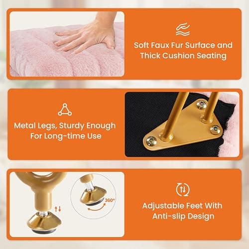 Sweetcrispy Vanity Stool Chair with Storage, 18.9”H x 16”L x 12.2”W Ottoman Chair Faux Fur Soft Padded Makeup Footstools Seat with 4 Metal Legs Anti-Slip Adjustable Feet for Make Up, Pink thumbnail 5