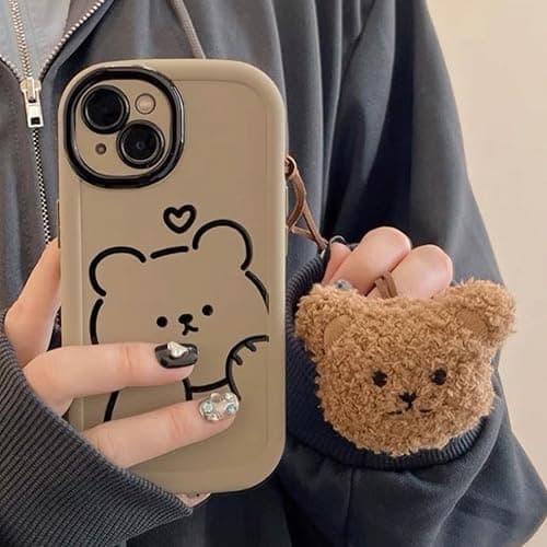 Cute Brown Teddy Bear Pattern Phone Case with Kawaii 3D Cartoon Bear Hangings iPhone 15, Non-Slip Design and Shock Absorption, Phone Case for Teen Girls, Boys, Women and Men(iPhone - 15) thumbnail 2