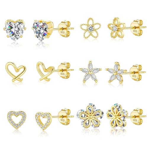 ALEXCRAFT Small Gold Stud Earrings - 6 Pairs Cute Heart Studs for Women - Cubic Zirconia - Hypoallergenic - Pack - Image 1