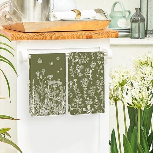 Artoid Mode Green Antique Herbs Wild Flowers Leaves Spring Kitchen Towels Dish Towels, 18x26 Inch Seasonal Decoration Hand Towels Set of 2 thumbnail 5
