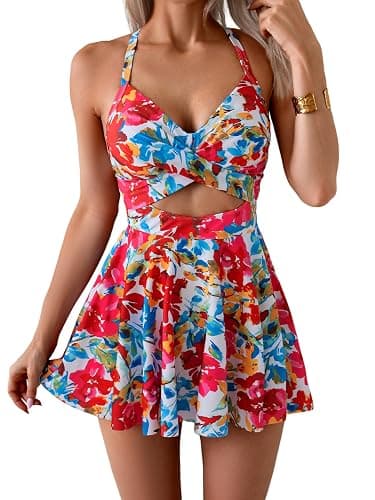 B2prity Women's Swim Dress Tummy Control One Piece Swimsuit with Skirt | Modest bathing suit with skirt,Slimming Swimdress,Adjustable Tie Back,Built-in Safety Brief,Push Up Non-removable Pads - Image 1