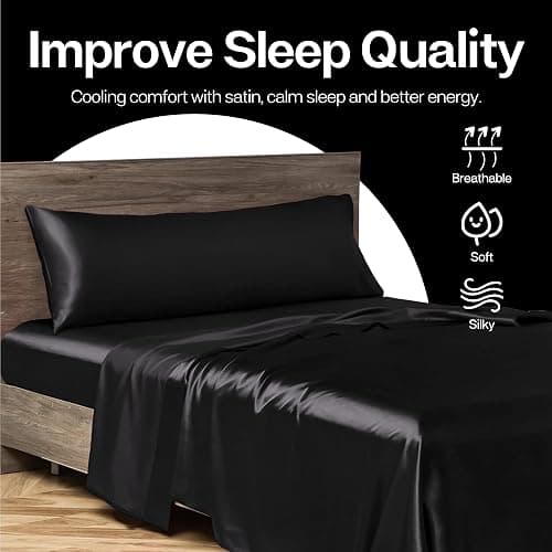 MR&HM Satin Body Pillow Cover, Soft and Breathable Body Pillow Case with Envelope Closure, Cooling and Silky Long Pillowcase for Hair and Skin,Grey (20x54, Black) thumbnail 6