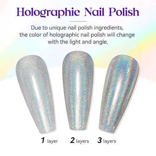 MIZHSE Holographic Nail Polish, Silver Glitter Nail Polish Air Dry Fast, 15 ml 0.5 fl oz High Glossy Shiny Nail Pigment Oil-based Laser Iridescent Nail Lacquer Chrome Halo Nail Art Salon Manicure Home thumbnail 3