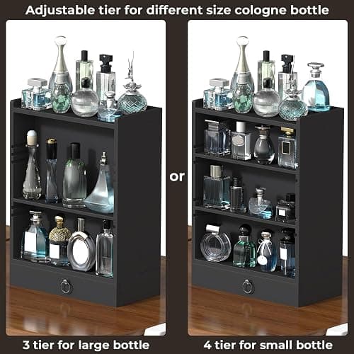 Wooden Cologne Organizer for Men Sliding 4 Tiers of Standing Perfume Display Stand with Side & Under Double Drawers Larger Storage Black Perfume Organizer Display Shelf Holder,Gift for Man thumbnail 4