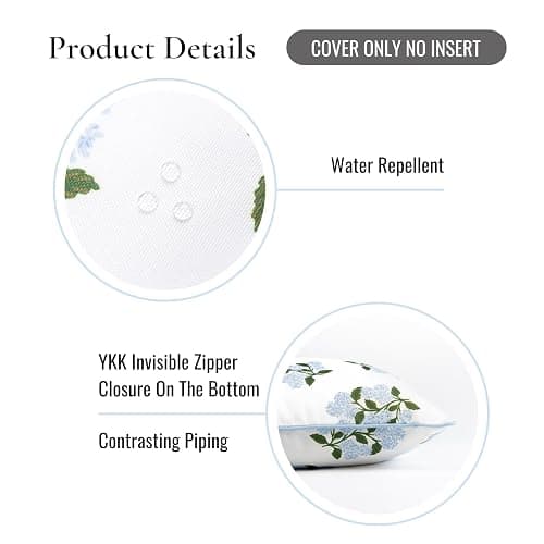 Hofdeco Premium Coastal Patio Indoor Outdoor Throw Pillow Cover Only, 20"x20" Water Repellent for Backyard, Couch, Baby Blue Print Hydrangea Flower thumbnail 6