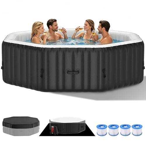 4-6 Person Inflatable Hot Tub, Polygon Portable Blow Up Hot Tub, Leak-Proof PVC Outdoor Spa with 130 Strong Air Jets, Heater Pump and Insulated Cover, 77” X 77”X 25” - Image 1