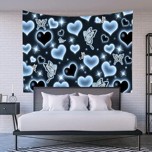 MEETSIOY Cute Black Blue Heart Tapestry Fantasy Blue Butterfly Aesthetic Tapestry Hippie 2000s Y2K Teen Girls Tapestries Wall Hanging for Women Nursery Bedroom Living Room Bedroom College Dorm thumbnail 5