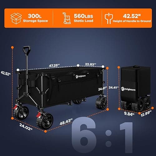 48" L Collapsible Wagon Cart Foldable, 560lbs Weight Capacity 300L Heavy Duty Folding Beach Wagons with Big All-Terrain Wheels, Utility Carts for Groceries, Shopping, Camping, Sports - Black thumbnail 2