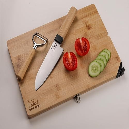 Foldable Bamboo Cutting Board Set - with Knife, Peeler, Bag & Built-in Sharpener – Portable Compact Chopping Board for Camping, Picnic, Travel & Kitchen – Non-Slip, Eco-Friendly, Multi-Purpose Design thumbnail 3