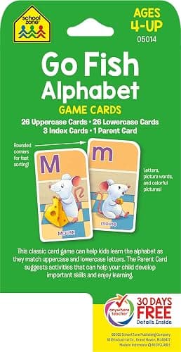 School Zone Go Fish Alphabet Game Cards: Preschool, Kindergarten, 1st Grade, ABC's, Matching, Uppercase and Lowercase Letters, Word-Picture Recognition, Animals, Ages 4+, Packaging May Vary thumbnail 2