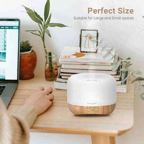 Homeweeks 300ml Essential Oil Diffuser, Quiet Aromatherapy Mist Diffusers for Essential Oils, Wood Grain, Ultrasonic, Remote Control, Timer, 7 Colors Light for Bedroom (300ml) - Wood - 300 ml thumbnail 2