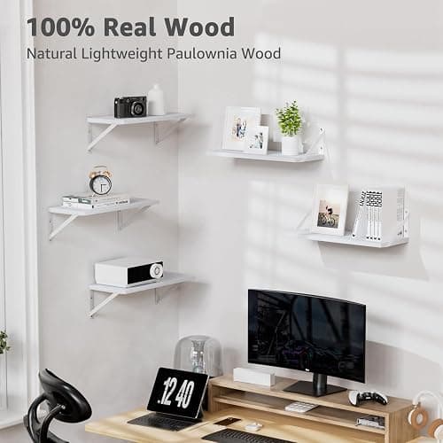 COCOYA Wall Shelves 7.3" Deep Set of 2, Solid Paulownia Wood Wider Longer Sturdy Easy to Install Wall Mounted Bookshelves Storage Shelves Bathroom Storage Office Laundry Room Bedroom Organizer White thumbnail 5