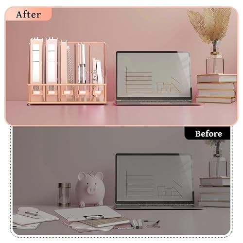 SUPEASY Desk Organizers Metal Desk Magazine File Holder with 5 Vertical Compartments Rack File Organizer for Office Desktop, Home Workspace, Rose Gold, Plus thumbnail 5