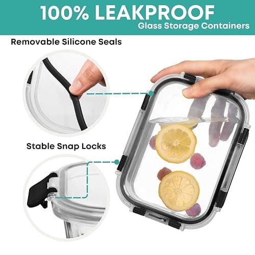 Razab 30 PC Glass Food Storage Containers with Lids - Reusable Glass Meal Prep Containers for Lunch and Leftovers - Airtight & Leakproof Snap Locking Lids - Oven, Freezer, Microwave, Dishwasher Safe thumbnail 6