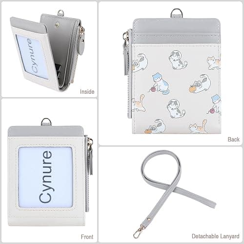 Cynure Women's Rfid Blocking Lanyard ID Credit Card Holder Compact Leather Bifold Wallet With Zipper Pocket, floral grey thumbnail 3