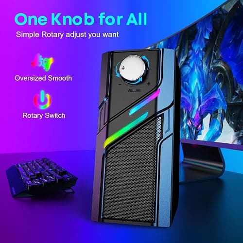 LENRUE Computer Speakers for Desktop PC with Easy Knob, Clear Powerful Sound, Touch Lights, Plug and Play for Computer Desktop PC, Monitors, Laptop (USB & AUX) thumbnail 3