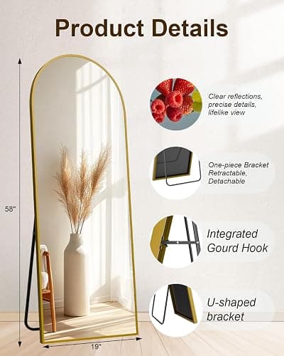 SUNQUEEN 58"x19" Floor Mirror Full Length, Arched Full Length Mirror with Stand, Full Body Mirrors for Bedroom Living Room or Cloakroom Gold thumbnail 7