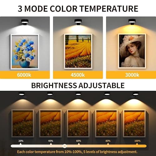 3 Pack Picture Lights for Wall, Rechargeable Battery Operated wall lights, Picture Frame lights with 3 Lighting Modes, Wireless Magnetic Painting Light with Remote Control Timer (Black, 3 Pack) thumbnail 6