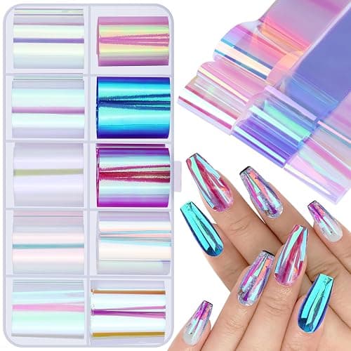 Aurora Glass Paper Nail Art Sticker 10 Sheets Gradient Laser Broken Glass Paper Nail Decals Reflective Mirror Design Cellophane Nail Supplies for Girls Women DIY Nail Art Decoration - Image 1
