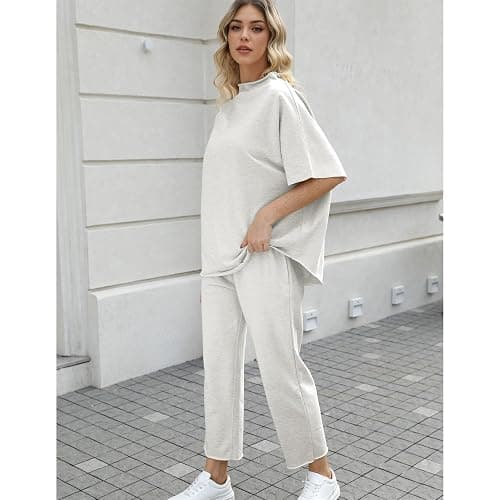 SeeLuNa Women's Two Piece Outfits 3/4 Batwing Sleeve Capelet Crew Neck Pullover Top Wide Leg Pants Lounge Set thumbnail 4