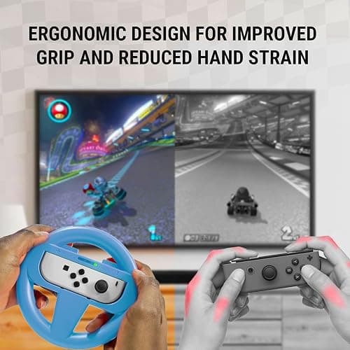 Orzly Steering Wheels for Nintendo Switch & OLED JoyCons, Racing Wheels for Mario Kart 8 Deluxe [Mariokart Switch Steering Wheel Joycon Controller Attachment Accessories] - TWIN PACK[1x Red & 1x Blue] thumbnail 5