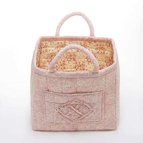 Boho Fabric Storage Basket Quilted Floral Print Baskets Organizer Bin with Handles for Home, Picnic, Shopping (Pink, L) thumbnail 7