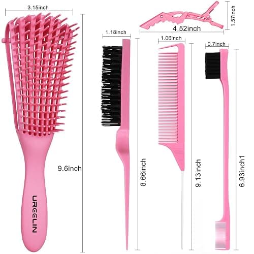 UREELIN Detangler Brush Set for 3a,4c,Wig/Thick/Wavy/Curly/Wet Slick Back Hair Brushes,Rat Tail Combs,8-Row,Edge Brush,For braiding,teasing,parting,styling,kids,girls,women(Pink) thumbnail 7