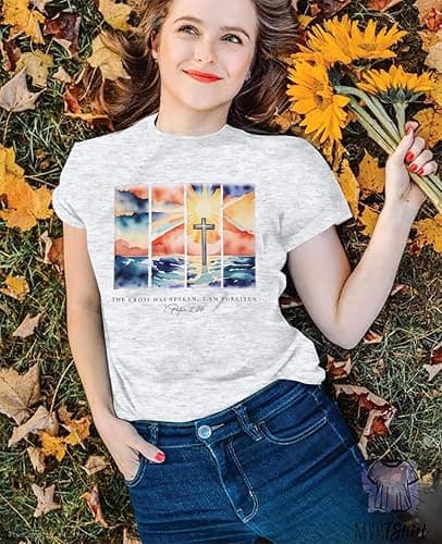 ASTANFY Christian Graphic Tees for Women: Jesus Shirt Criss Cross Tops Faith Tshirts Christian Casual Short Sleeve Shirts - B02 - Medium thumbnail 3