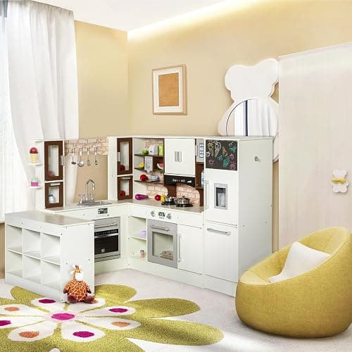BRINJOY 3-Piece Kids Kitchen Playset, Walk-in Wooden Play Kitchen Set for Toddlers, Modular Pretend Play Kitchen w/Light&Sound, Large Corner Kitchen Cooking Toy w/Coffee Capsule, Gift for Girls Boys thumbnail 9