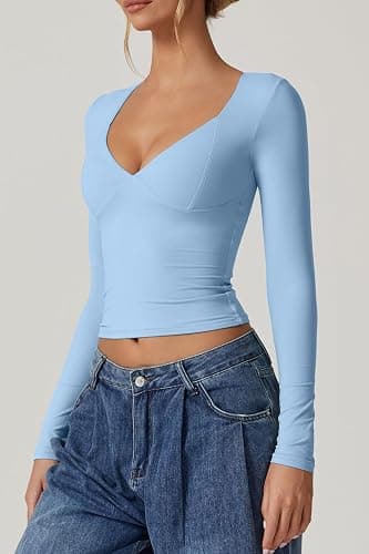 QINSEN Women's Long Sleeve V Neck T Shirts Double Lined Crop Top Seamed Cup Going Out Tops thumbnail 4