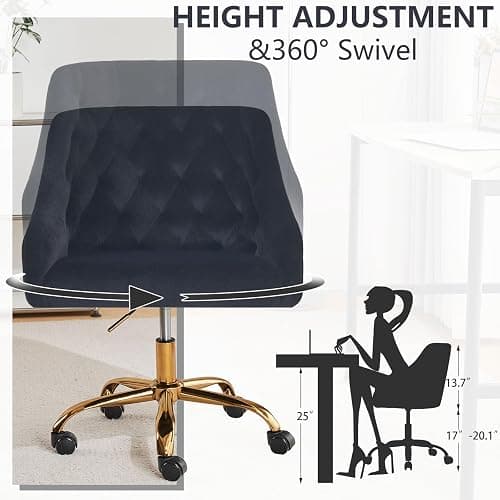 MOJAY Velvet Office Swivel Chair, Vanity Fabric Desk Pretty Fancy Gold Office Chairs for Girls, 360°Swivel Height Adjustable Reception Chair (Black) thumbnail 2