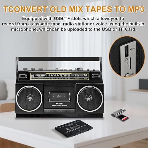 Cassette Player Boombox with Bluetooth, AM/FM/SW Radio & Record to USB, 24W Stereo Sound, 4 Power Modes, Portable Retro Stereo for Indoor Outdoor, Classic Black thumbnail 4
