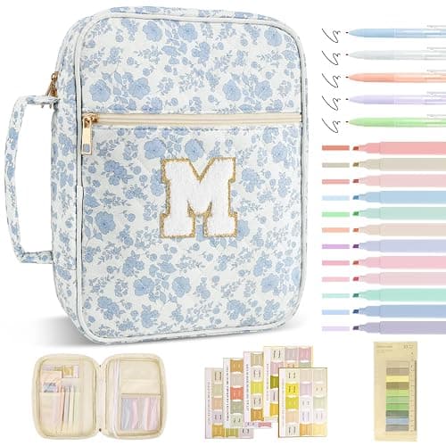 Personalized Initial Bible Cover Case for Women Girls Kid - Large Quilted Bible Case with Handle, Stylish Chenille Letter Bag Study Supplies, Perfect Christmas Gifts for Christians (Blue Flower-M) - Image 1