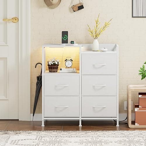 Somdot White Nightstand with Charging Station and LED Light, Wide 5 Drawers Dresser for Bedroom with Fabric Bins and Open Shelf for Bedroom Kids Closet Dorm Guest Room, White Leather thumbnail 9