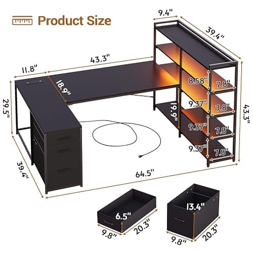 SEDETA L Shaped Gaming Desk, Reversible U Shaped Computer Desk with Power Outlet and Storage Shelves, Corner Gaming Desk with LED Lights, 3 Fabric Drawers, Black thumbnail 2