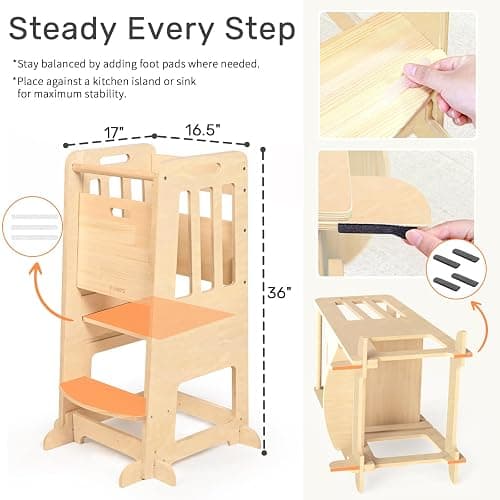 WINGYZ Toddler Tower - Anti-Tip Natural Wood Learning Stool for Kids 18M-6Y, 150lb Capacity Kitchen Helper Stool with 3-Height Adjustable Platform and Sliding Door Access, 20lb Portable Design, Wood thumbnail 10