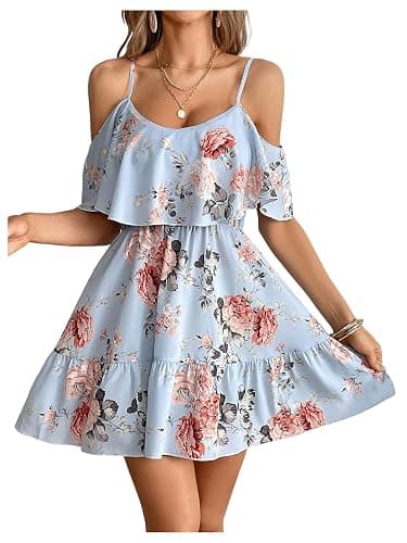 SOLY HUX Women's Boho Floral Print Cold Shoulder Dress Short Sleeve Ruffle A Line Vacation Elegant Mini Dresses - Image 1