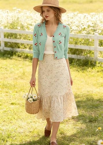 Belle Poque Women's 3/4 Sleeve V-Neck Button Down Cherries Embroidery Cropped Cardigan Sweater Coat thumbnail 3
