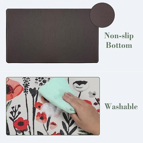 Serwrsw Kitchen Mats for Floor 2 Piece White, Colorful Flower Fern Kitchen Floor Mats for in Front of Sink, Floral Kitchen Rugs Non Slip Washable thumbnail 4