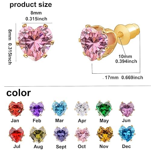 MIUSISHIYU 8mm Heart-Cut Birthstone Stud Earrings for Women – 18K Gold Plated Hypoallergenic Cubic Zirconia Earrings, Nickel Free, 12 Months Colors, Everyday Jewelry, Gift for Her, Bridal, Birthday, Christmas thumbnail 6