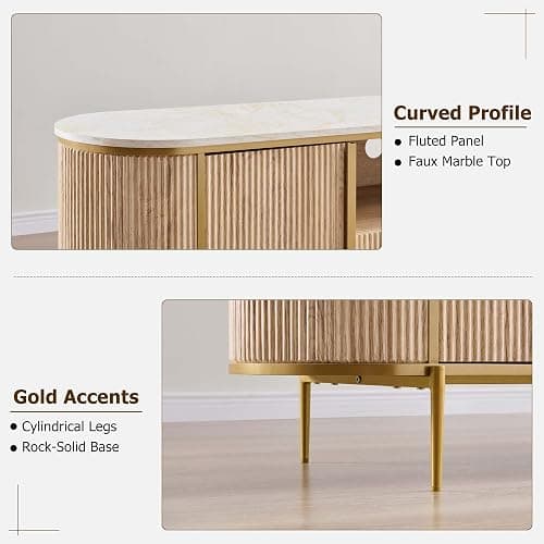 OKD Luxury 70" Fluted TV Stand, Modern Chic Entertainment Center for TVs Up to 80 inches, TV Console with Faux Marble Top, Curved Profile Design, Media Console for Living Room, Natural Oak thumbnail 6