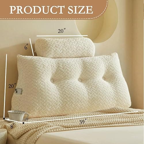 YOUR MOON Wedge Headboard Pillow Twin with 1 Pack Neck Roll Pillows, Triangular Wedge Backrest Pillow Headboard for Bed,Daybed,and Lounging, Large Bed Bolster Pillows,Off White thumbnail 2