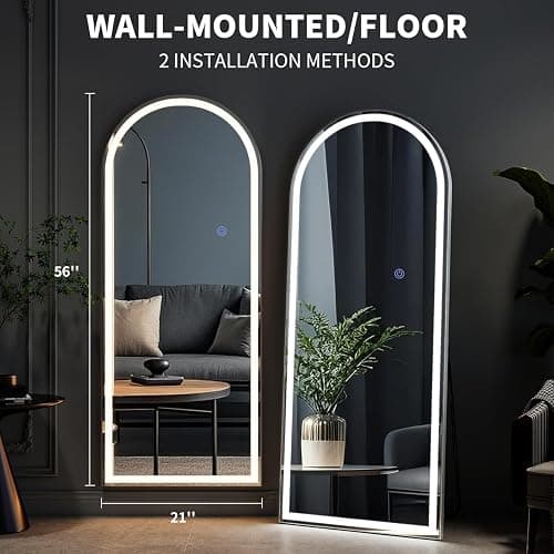 VooBang 56"x21" LED Mirror Full Length - Arched Floor Body Mirror with Dimmable Lights - 3 Color Modes, Standing Leaning Wall Mounted for Bedroom, Dressing Room thumbnail 2