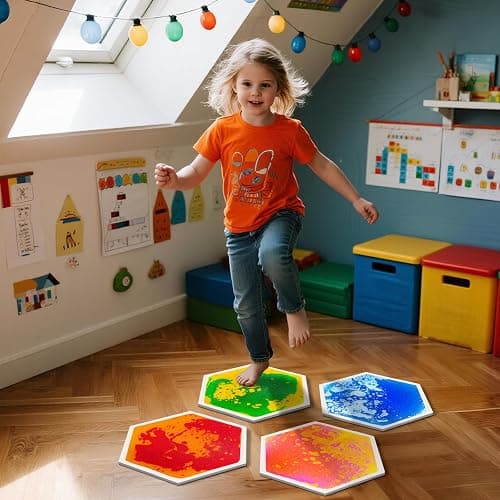 JUEOQOY Sensory Floor Tiles for Kids Ages 3+ – Hexagon Step-On Tiles with Textured Non-Slip Base, Colorful Liquid Motion for Interactive Play in Playroom or Classroom (9 Pack) thumbnail 6