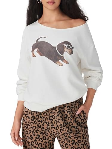 CIDER Going Out Sweatshirt for Women Dachshund Graphic Asymmetrical Neck Long Sleeve Terry Pullover Dog Top thumbnail 2