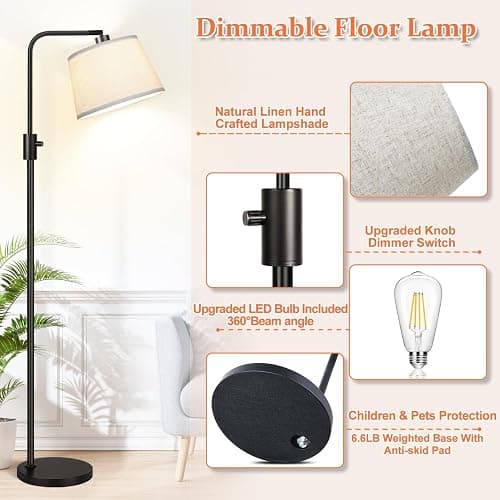 【Upgraded】 Dimmable Floor Lamp, 1000 Lumens LED Edison Bulb Included, Arc Floor Lamps for Living Room Modern Standing Lamp with Linen Shade, Tall Lamp for Bedroom Office Dining Room- Black thumbnail 5