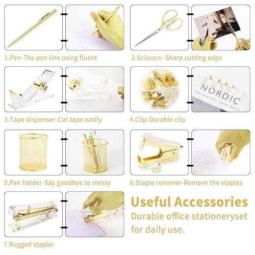 Gold Desk Accessories, Office Supplies Set with Acrylic Stapler, Tape Dispenser, Staple Remover, Pen Holder, Scissor, Binder Paper Clips, 1 Ballpoint Pen, 1 Clear Tape and 1000pcs Staples thumbnail 4