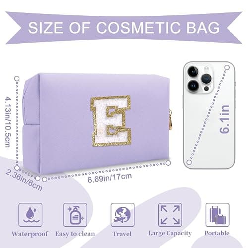 Personalized Makeup Bag Initial A-Z Preppy Patch Bag,Small PU Leather Travel Cosmetic Bag Pouch with Zipper,Purple Cute Toiletry Bag,Gift Ideal for Teen Girls Women Birthday Friend Mom,Latter E thumbnail 2