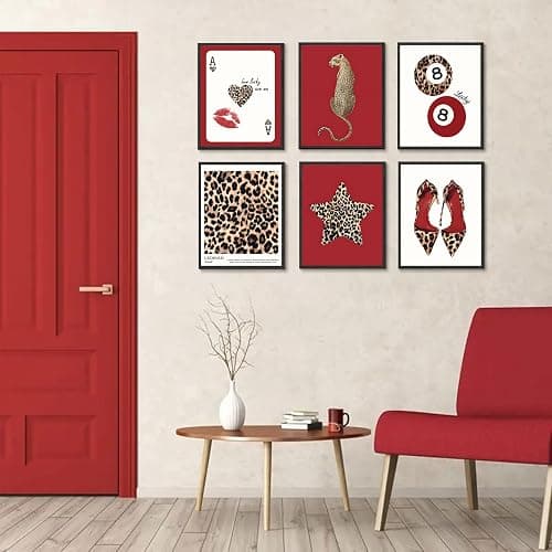 6Pcs Trendy Leopard Wall Art Prints Funky Red Lucky 8 Ball Posters Vintage Preppy Room Aesthetic Cheetah Wall Decor Pictures for Girly Bedroom Apartment Dorm Unframed (10L" x 8W") thumbnail 2